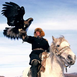 Altai, a Mongolian wearing a fur hat, sits astride his white horse and holds his hunting eagle aloft.